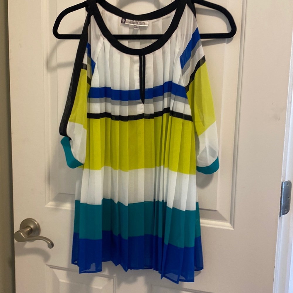 JLo flowing blouse with open shoulder